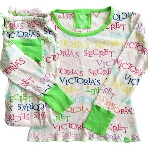 Victoria’s Secret White Rib Knit Logo Print Two Piece Pajama Set Colorful Sz XS
